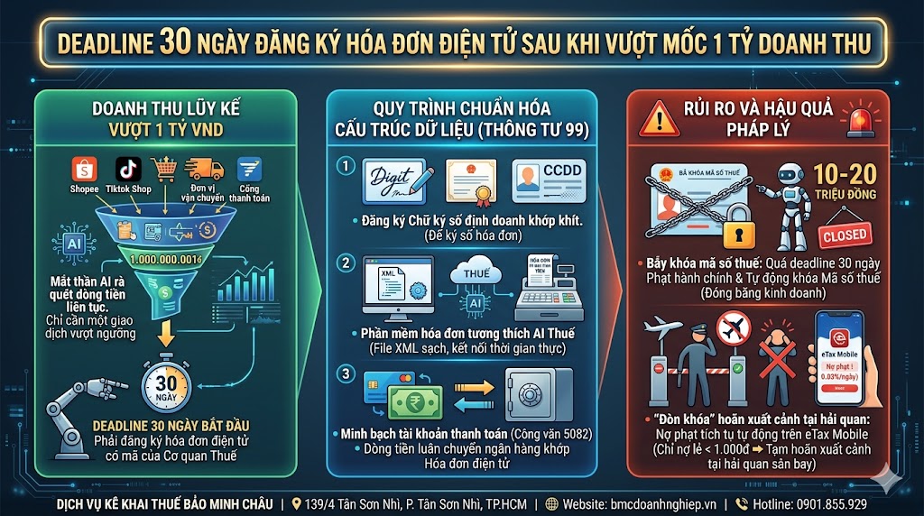 THỜI HẠN 30 NGÀY ĐĂNG KÝ HÓA ĐƠN ĐIỆN TỬ SAU KHI VƯỢT MỐC 1 TỶ DOANH THU