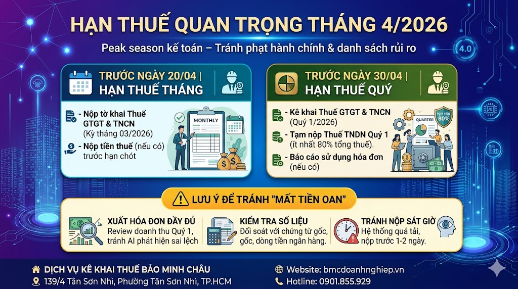 🚨 DOANH NGHIỆP ĐỪNG BỎ SÓT CÁC MỐC THUẾ QUAN TRỌNG TRONG THÁNG 4/2026!