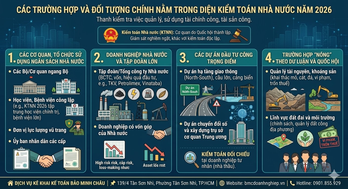 CÁC TRƯỜNG HỢP VÀ ĐỐI TƯỢNG CHÍNH NẰM TRONG DIỆN KIỂM TOÁN NHÀ NƯỚC 2026