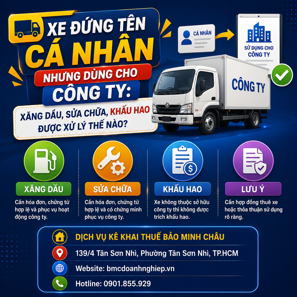 🚚 XE ĐỨNG TÊN CÁ NHÂN NHƯNG DÙNG CHO CÔNG TY: XĂNG DẦU, SỬA CHỮA, KHẤU HAO ĐƯỢC XỬ LÝ THẾ NÀO?