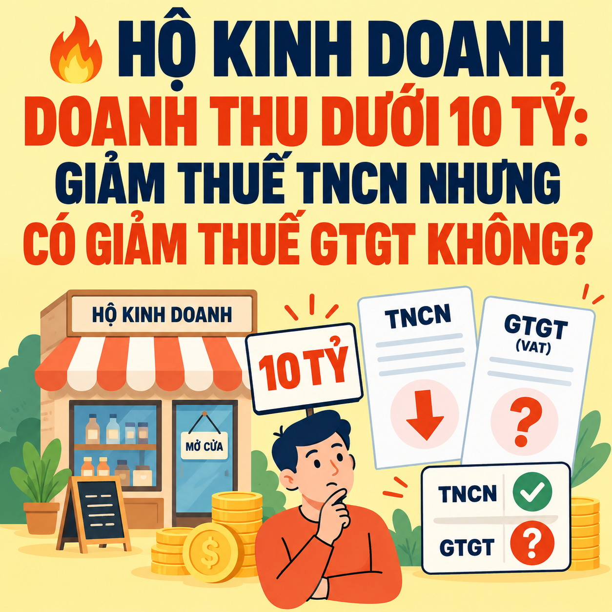 🔥 HỘ KINH DOANH DOANH THU DƯỚI 10 TỶ: GIẢM THUẾ TNCN NHƯNG CÓ GIẢM THUẾ GTGT KHÔNG?